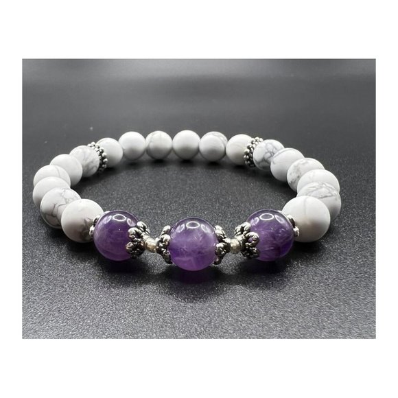 10mm White Howlite and Amethyst Stretch Bracelet (Healing for Anxiety Re… - Picture 1 of 8
